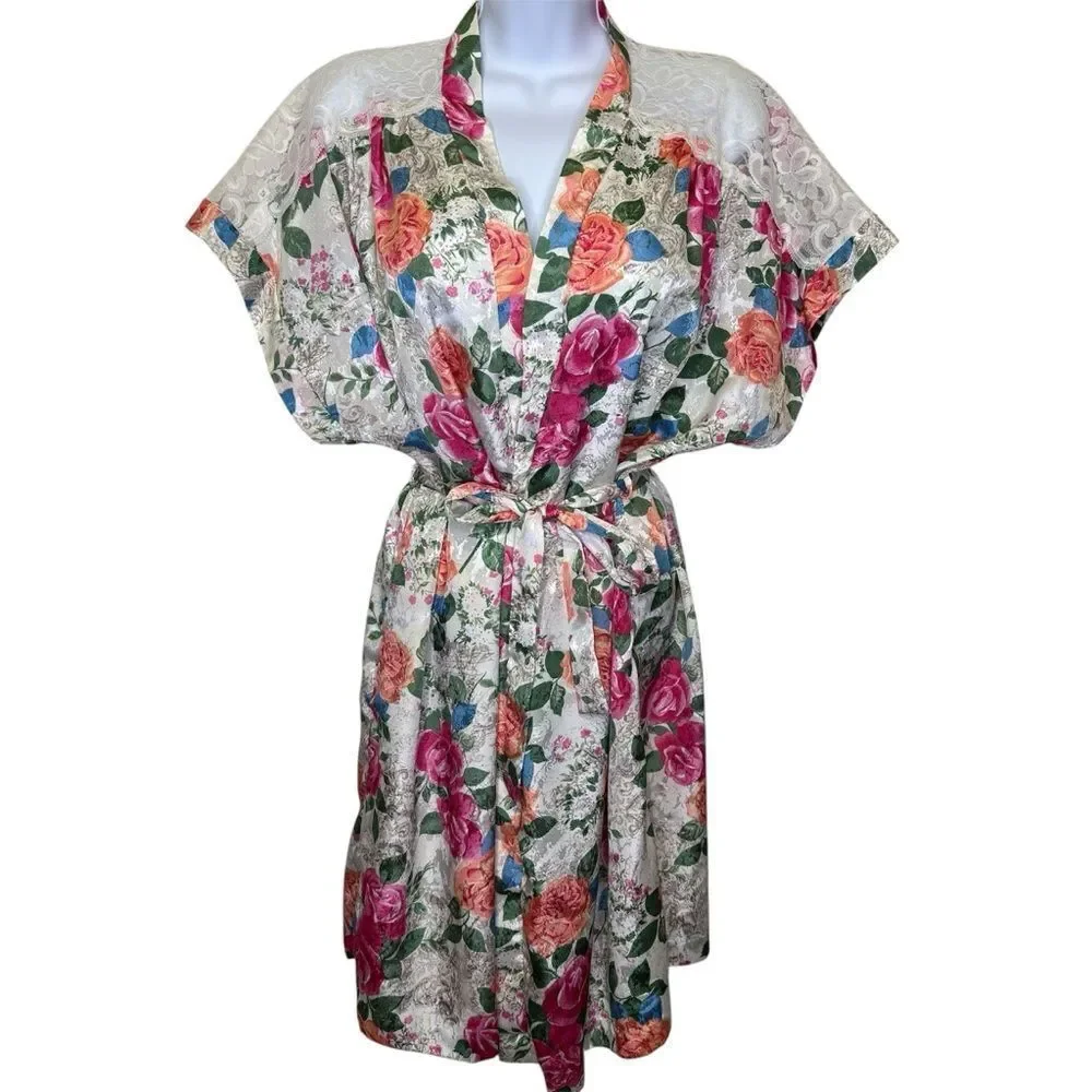Vintage Cinema Etoile Floral Lace Kimono Robe Matching Sash Pink White Green Med